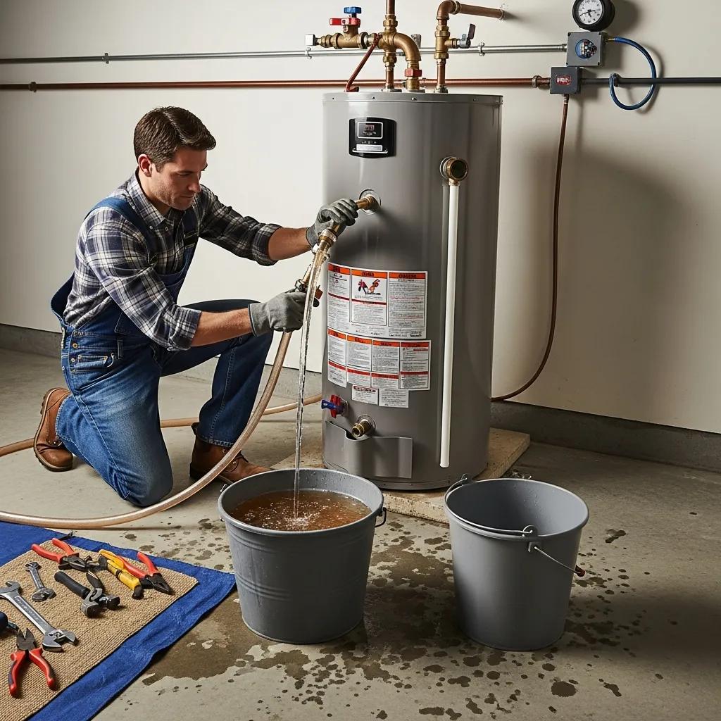Homeowner flushing a water heater with tools in a utility room