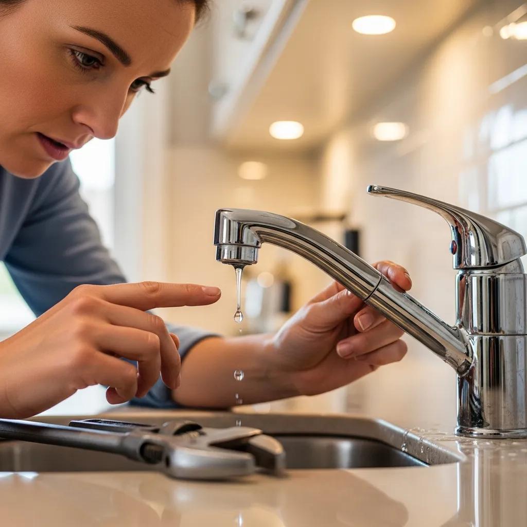 Homeowner inspecting a faucet for leaks with visible water droplets